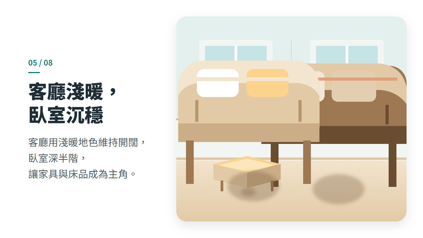 客廳淺暖， 臥室沉穩